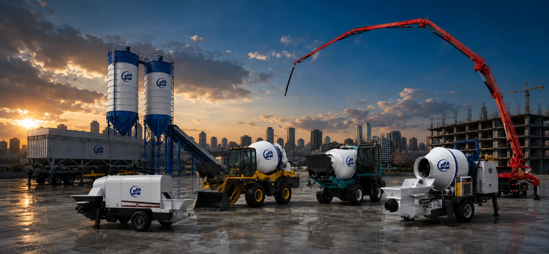 Concrete batching plant equipment with horizontal cement silo, bolted cement silo, self loading concrete mixer, concrete pump, placing boom and mixer pump