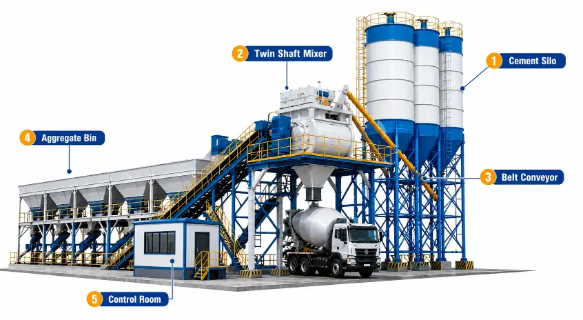 Stationary concrete batching plant structure diagram with cement silo, twin shaft mixer, belt conveyor, aggregate bin and PLC control room